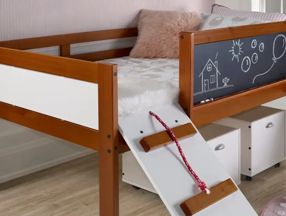 Brown and White Twin Low Loft Bed with Storage - Junior