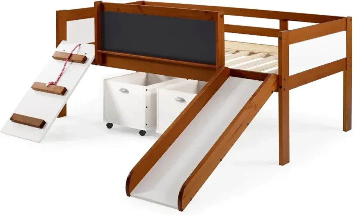 Brown and White Twin Low Loft Bed with Storage - Junior