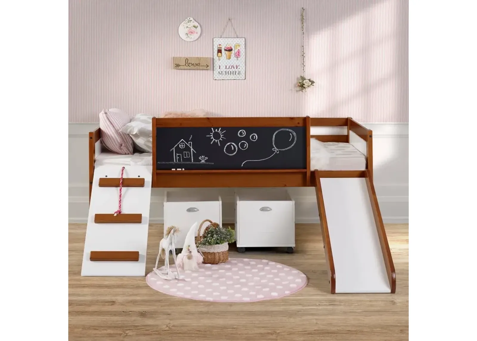 Brown and White Twin Low Loft Bed with Storage - Junior