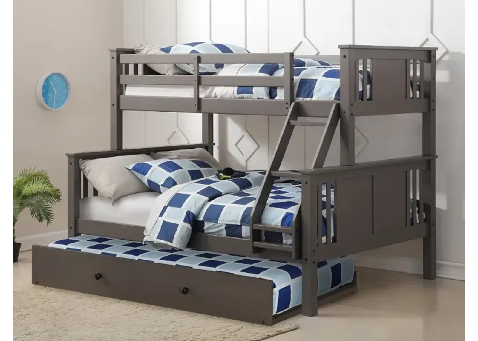 Classic Slate Gray Twin over Full Bunk Bed with Trundle - Princeton