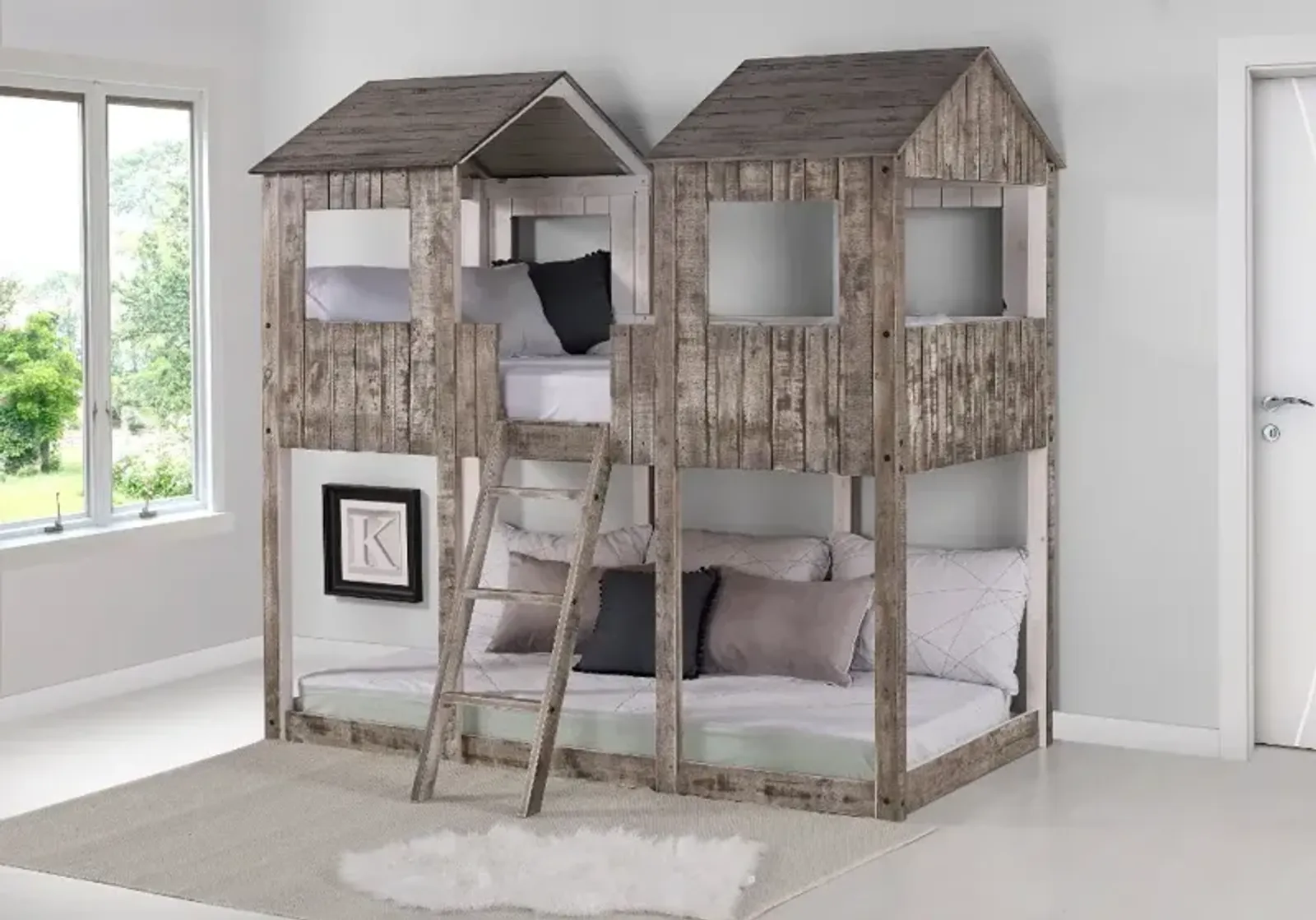 Rustic White Twin over Twin Bunk Bed - Tower