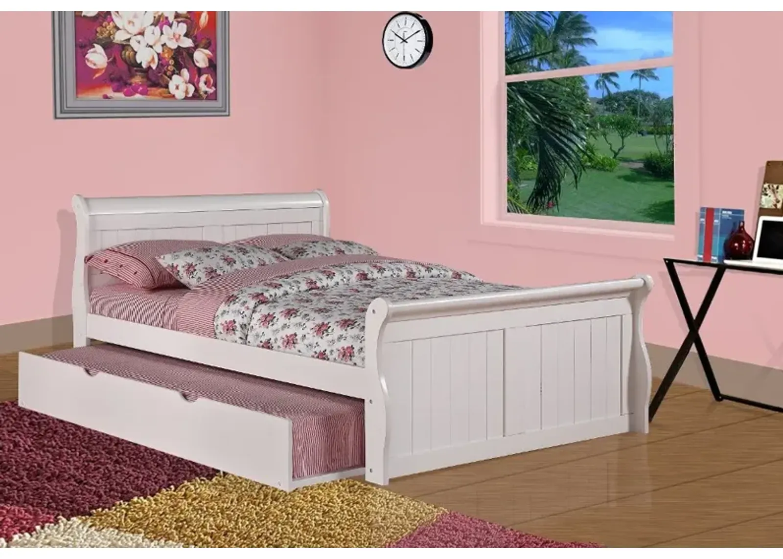 Traditional White Full Sleigh Bed with Trundle - Madilyn