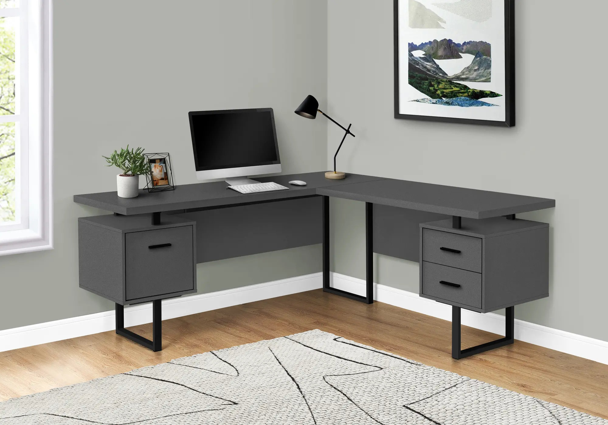 Gray and Black L-Shaped Desk