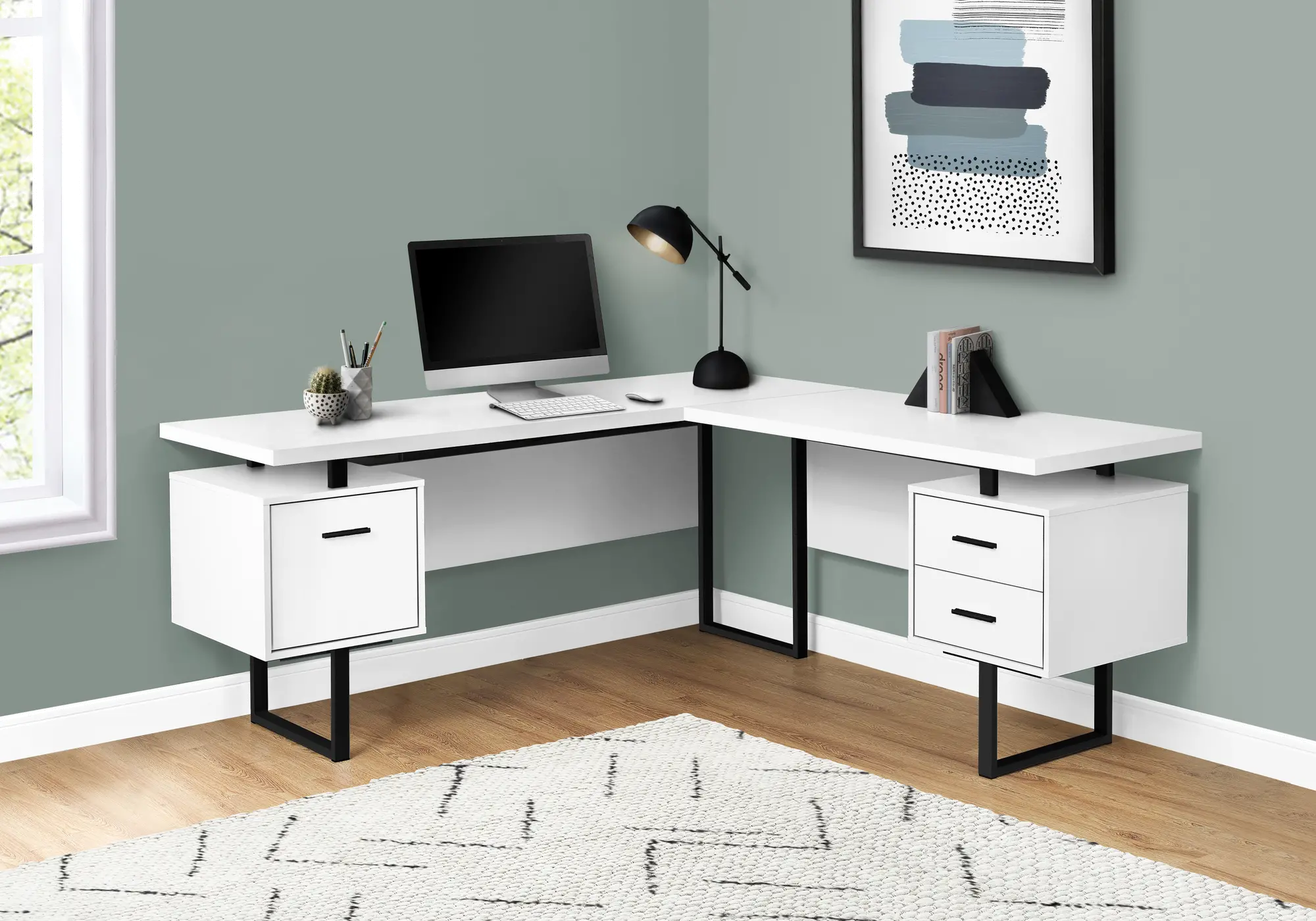 Karner White and Black L-Shaped Desk