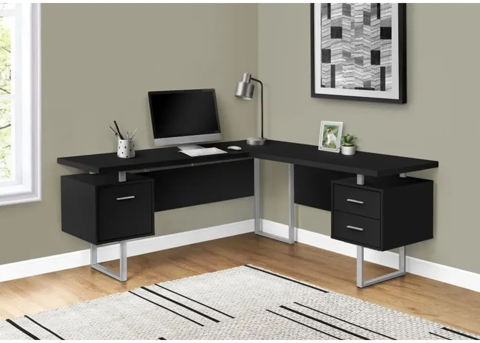 Karner Black and Silver L-Shaped Desk