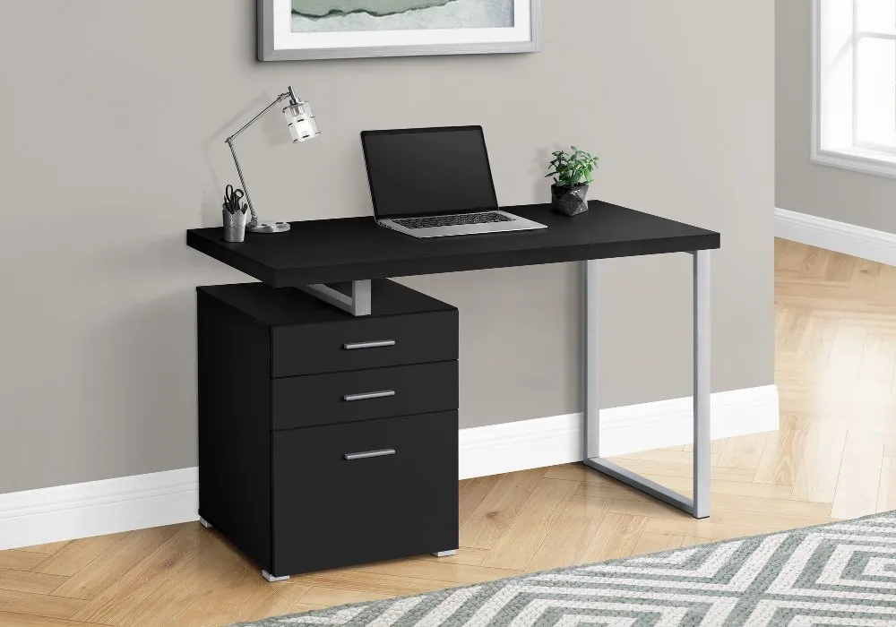 Black and Silver Computer Desk with File Cabinet