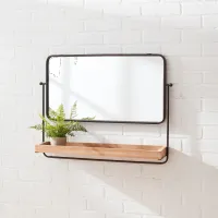 Metal and Wood 28 Inch Wall Mirror with Shelf