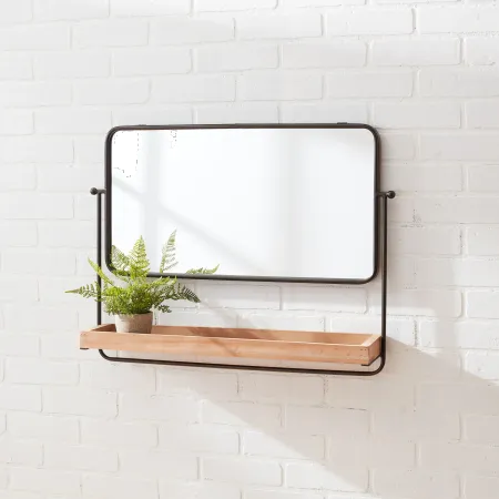 Metal and Wood 28 Inch Wall Mirror with Shelf