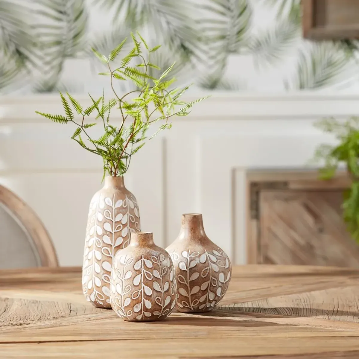 6 Inch Resin Brown and White Leaf Pattern Vase