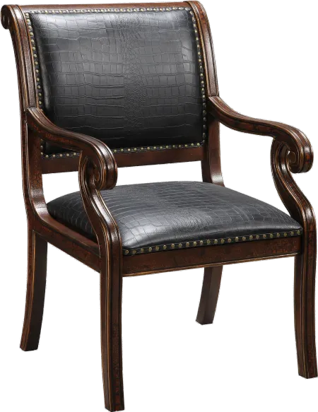 Black Leather-Like Accent Chair with Rich Brown Frame