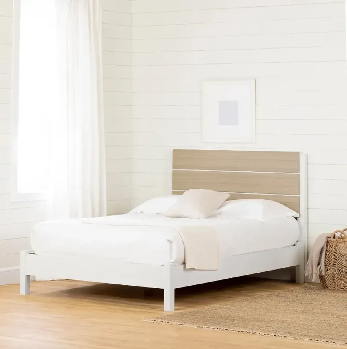 White and Elm Full Platform Bed with Headboard - South Shore