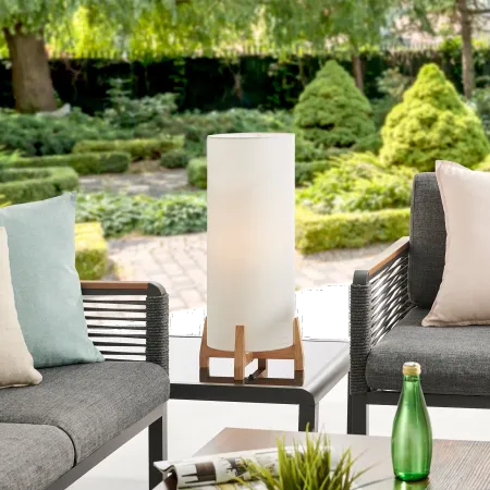 Hayes White and Wood Outdoor Cordless Table Lamp with Rechargeable...
