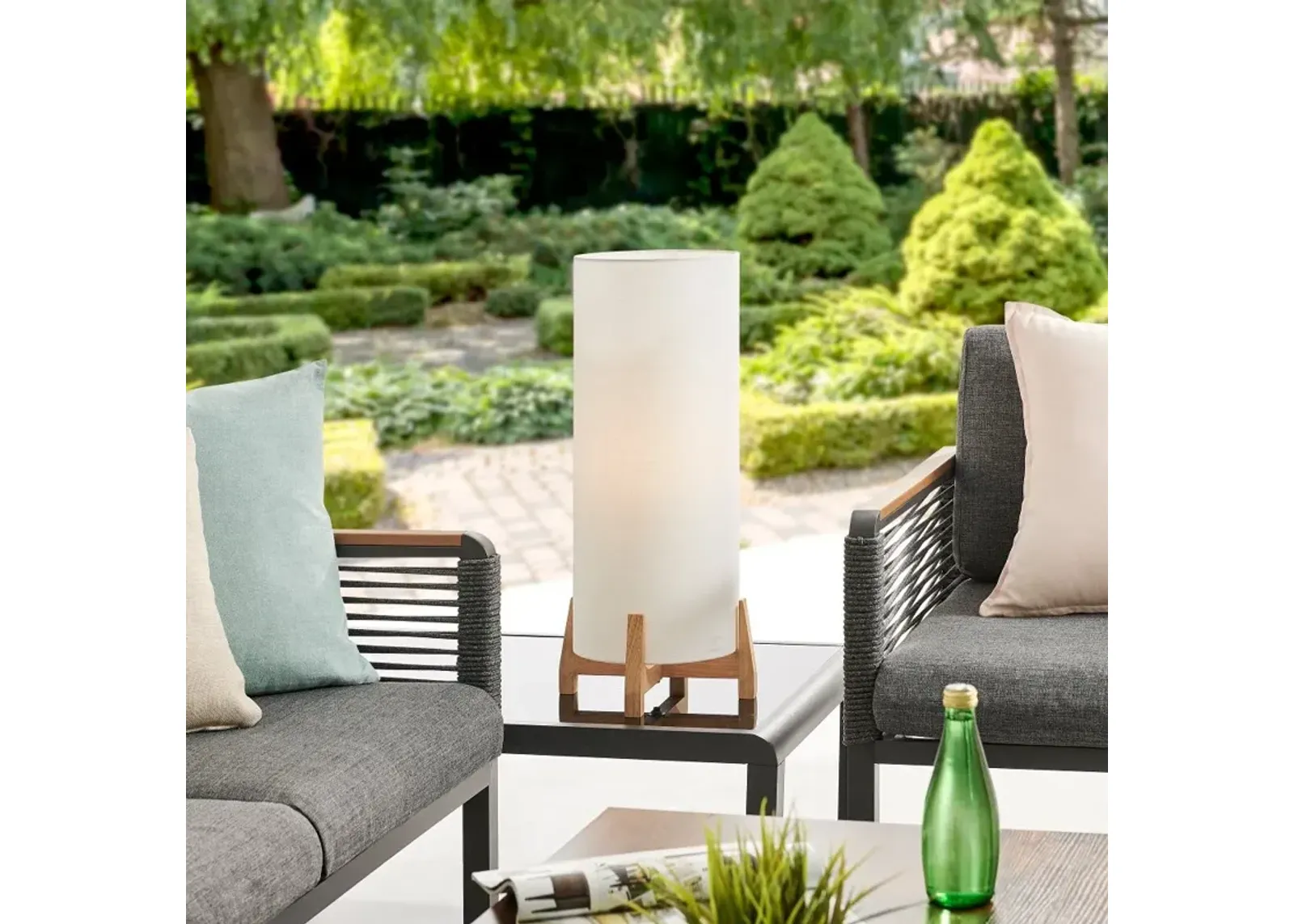 Hayes White and Wood Outdoor Cordless Table Lamp with Rechargeable...