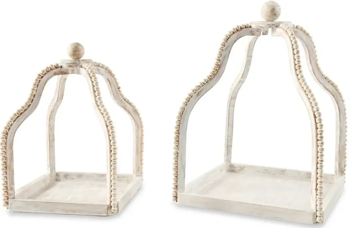 18 Inch White Washed Mango Wood Beaded Open Lantern