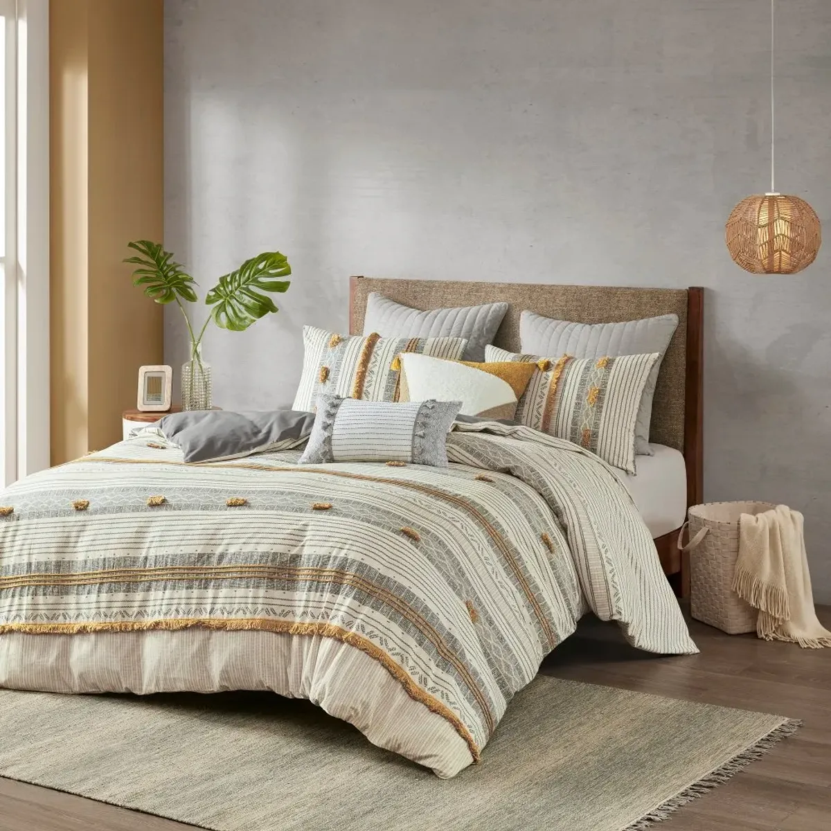 Gray and Yellow Striped Queen Cody 3 Piece Bedding Collection