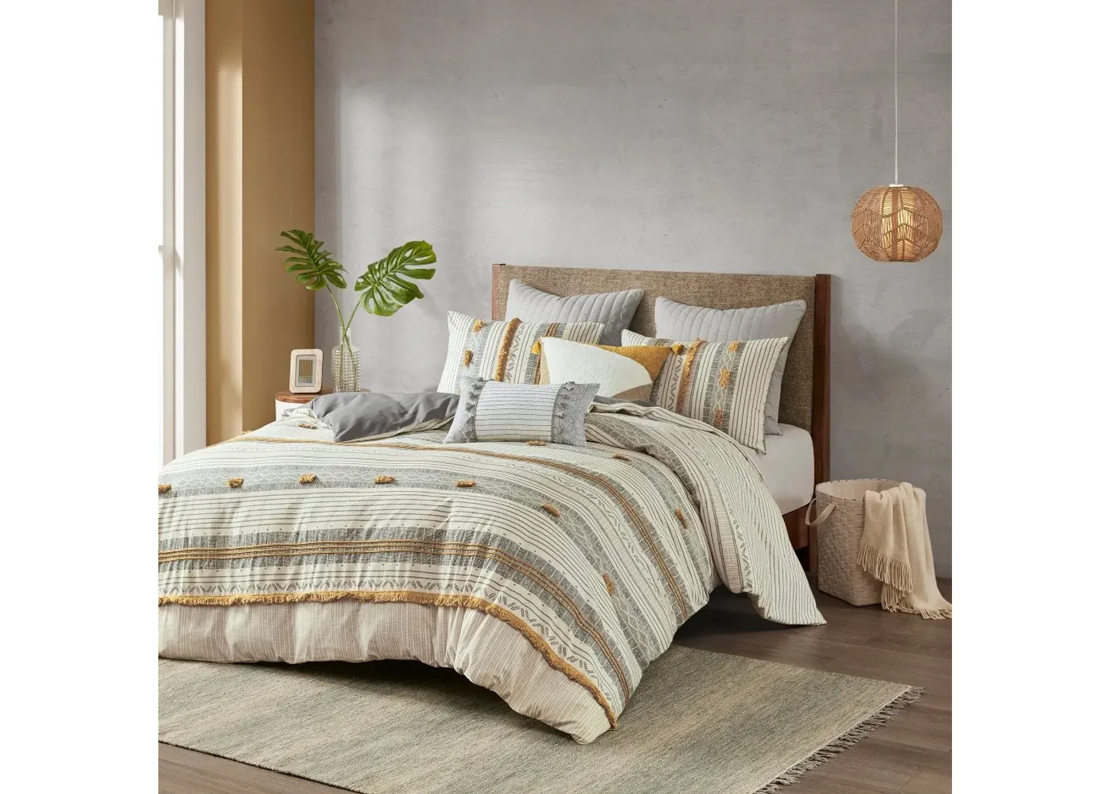 Gray and Yellow Striped Queen Cody 3 Piece Bedding Collection