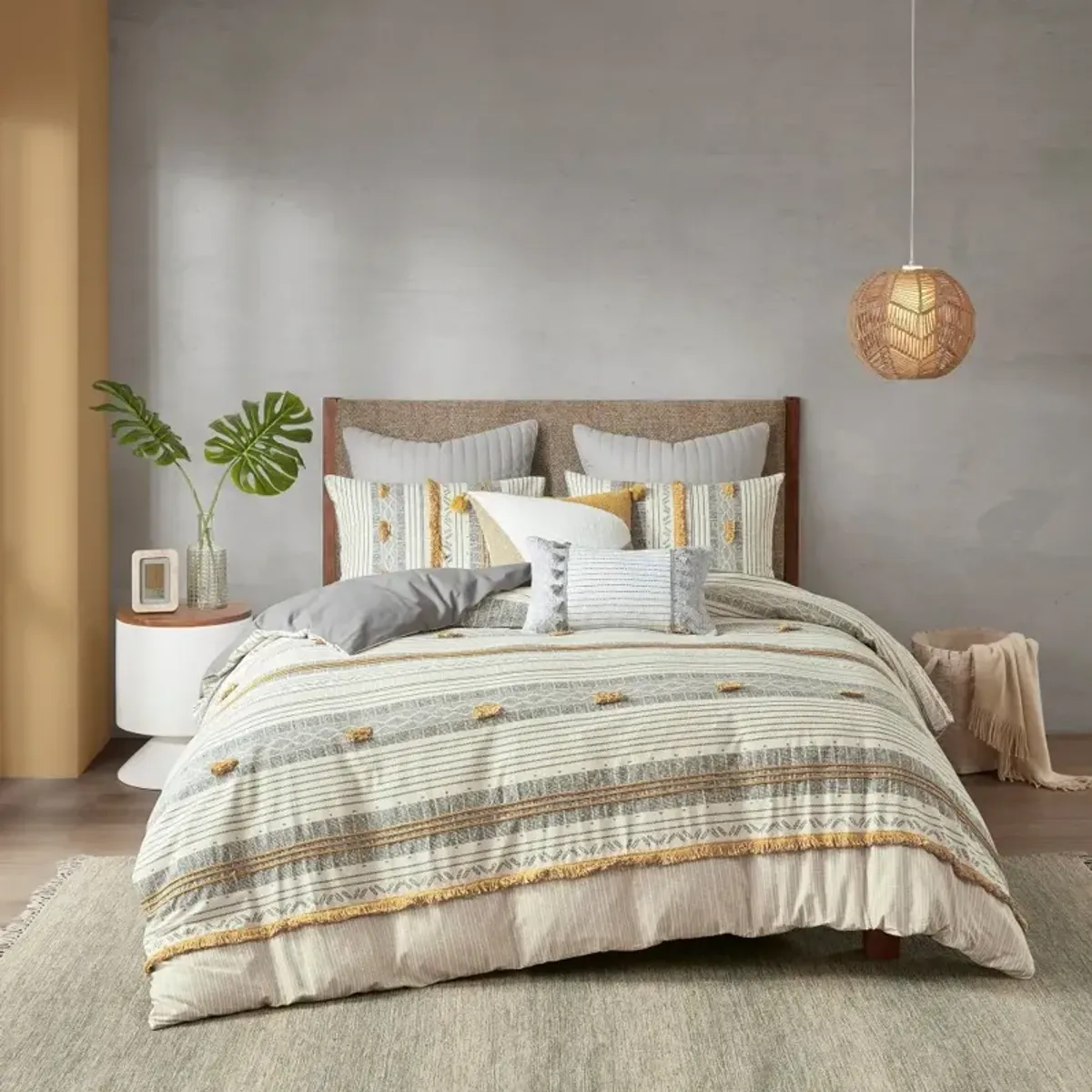 Gray and Yellow Striped King Cody 3 Piece Bedding Collection