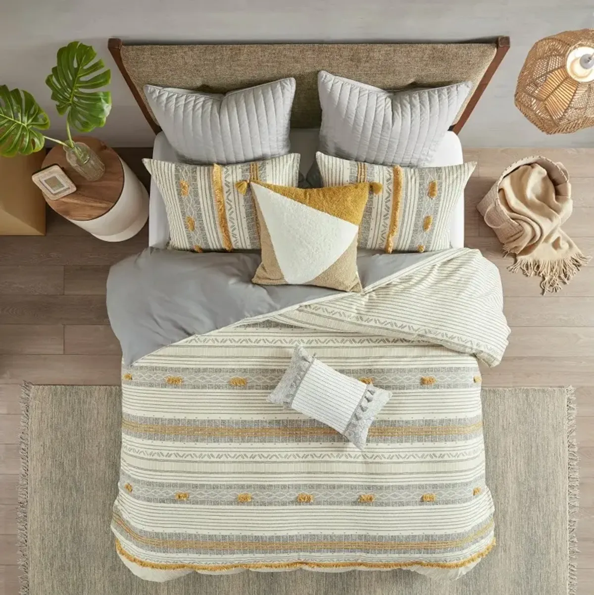 Gray and Yellow Striped King Cody 3 Piece Bedding Collection