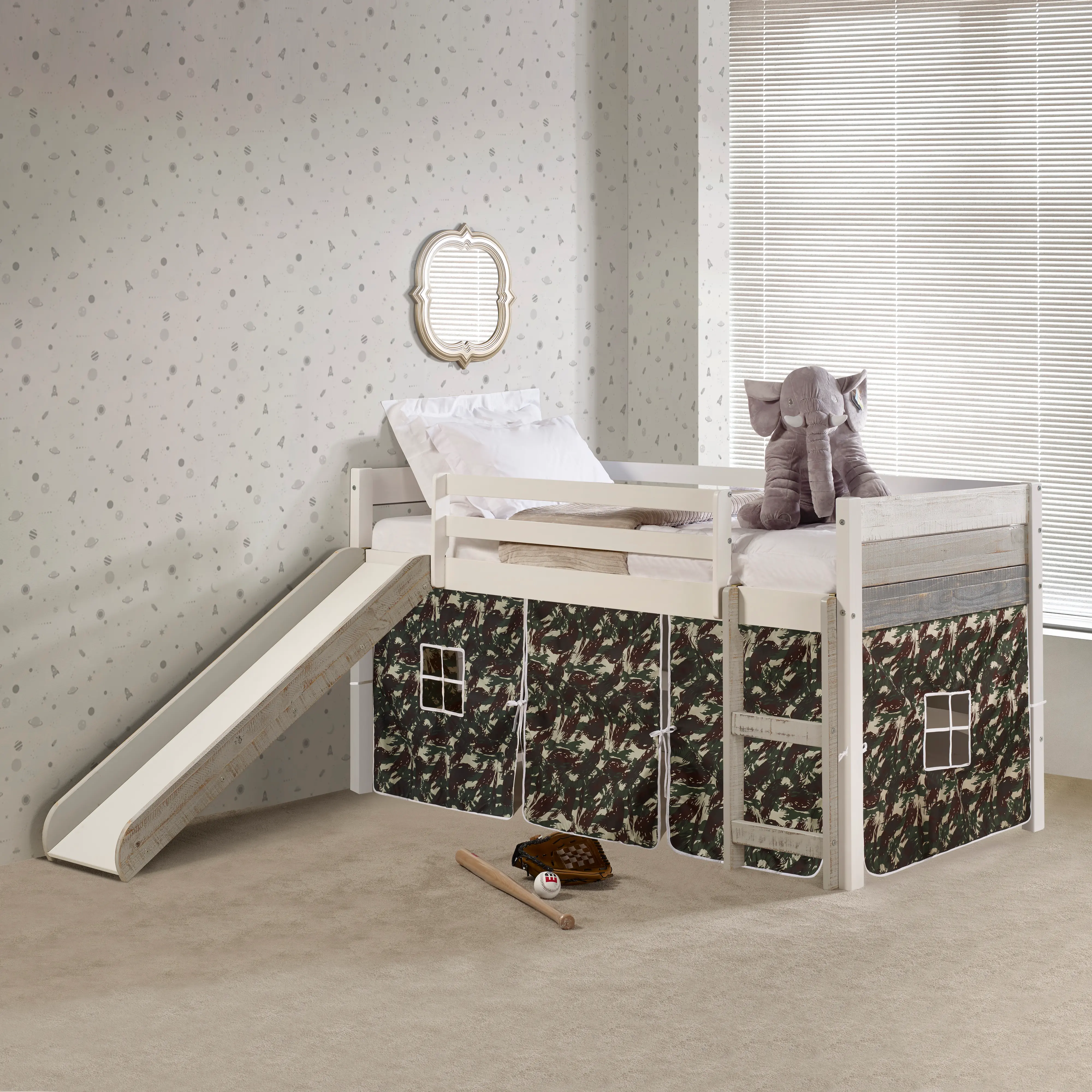 Bristol Twin Gray and White Low Loft Bed With Camo Tent