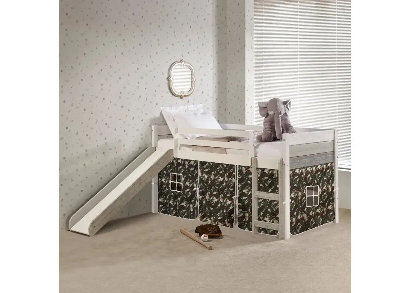 Bristol Twin Gray and White Low Loft Bed With Camo Tent