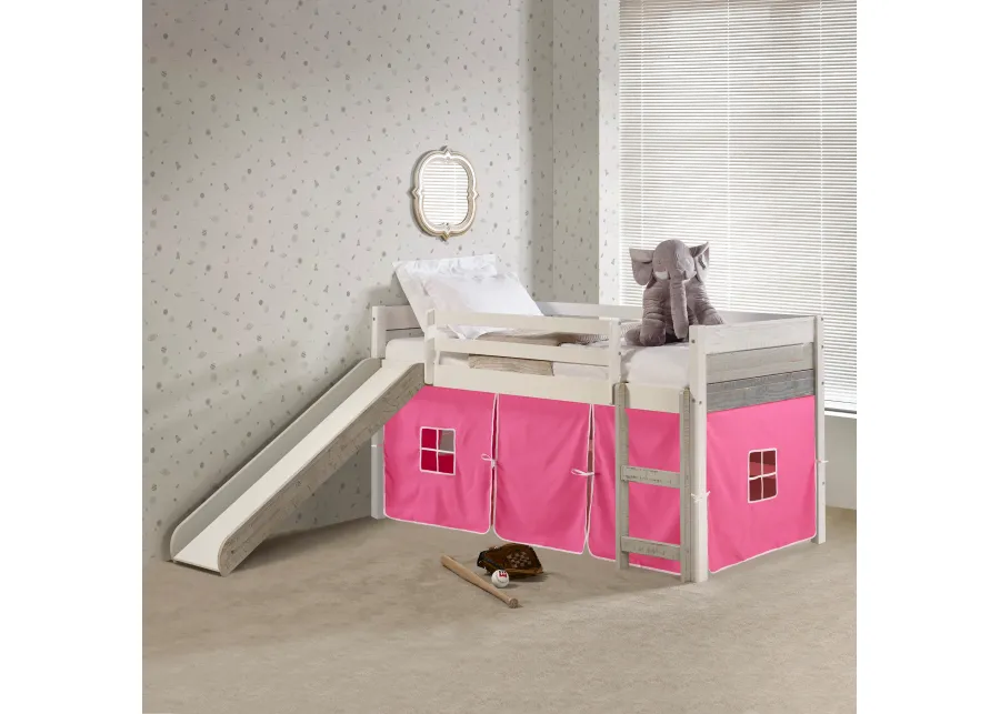 Bristol Twin Gray and White Low Loft Bed With Pink Tent