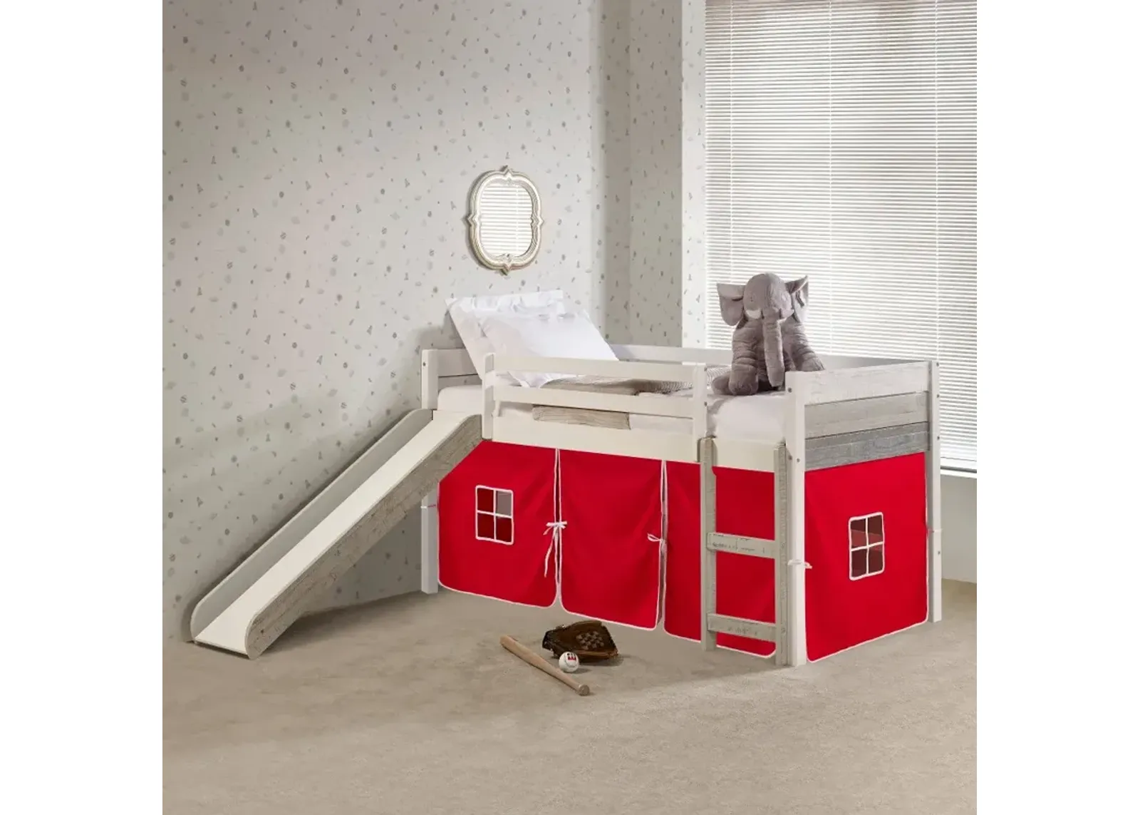 Bristol Twin Gray and White Low Loft Bed With Red Tent