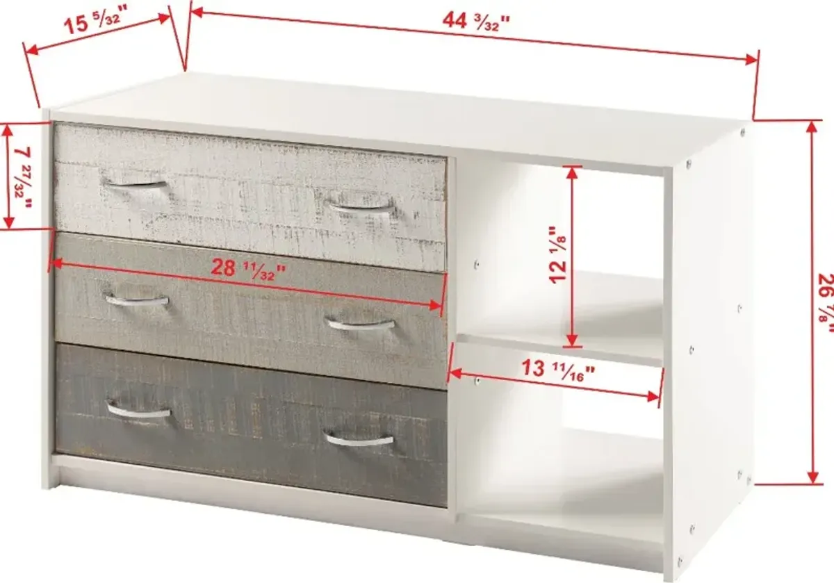 Bristol Gray and White 3 Drawer Chest with Shelving