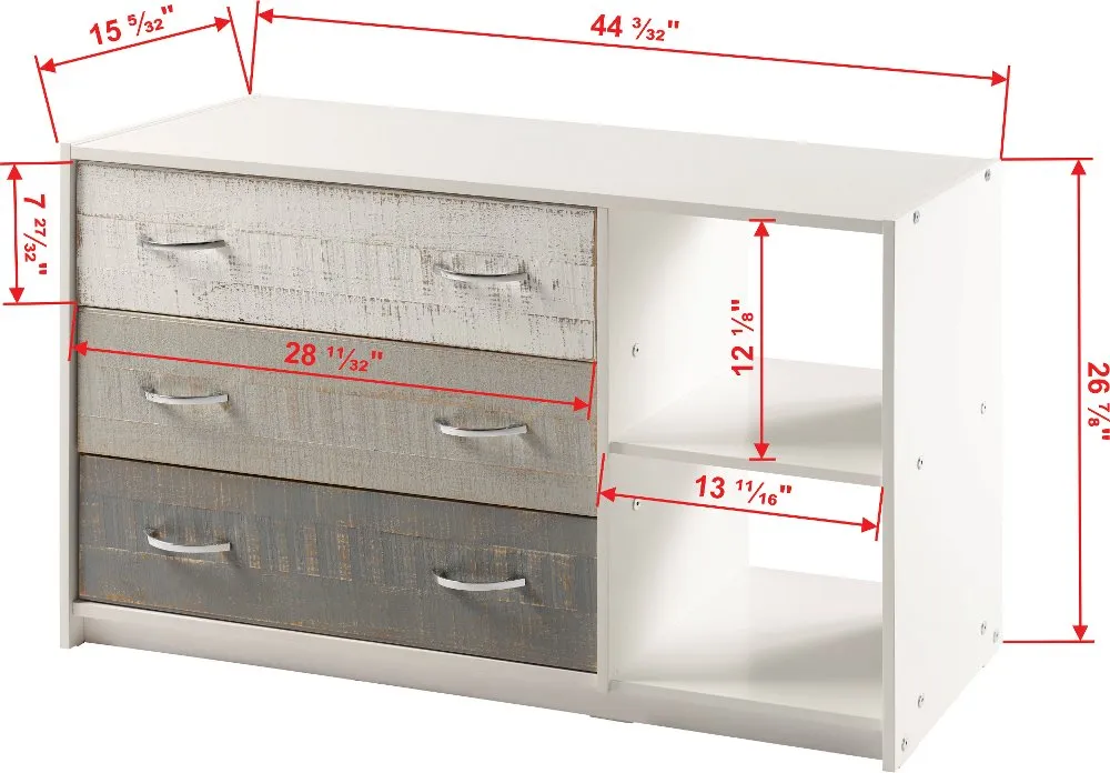 Bristol Gray and White 3 Drawer Chest with Shelving