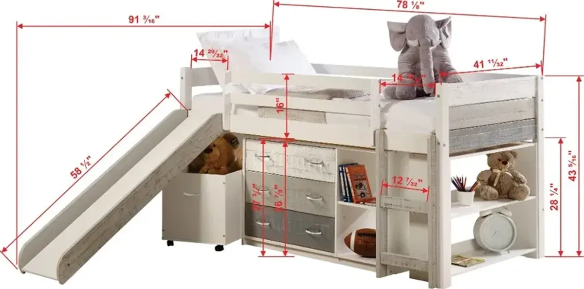 Bristol Twin Gray and White Loft Bed With Accessories