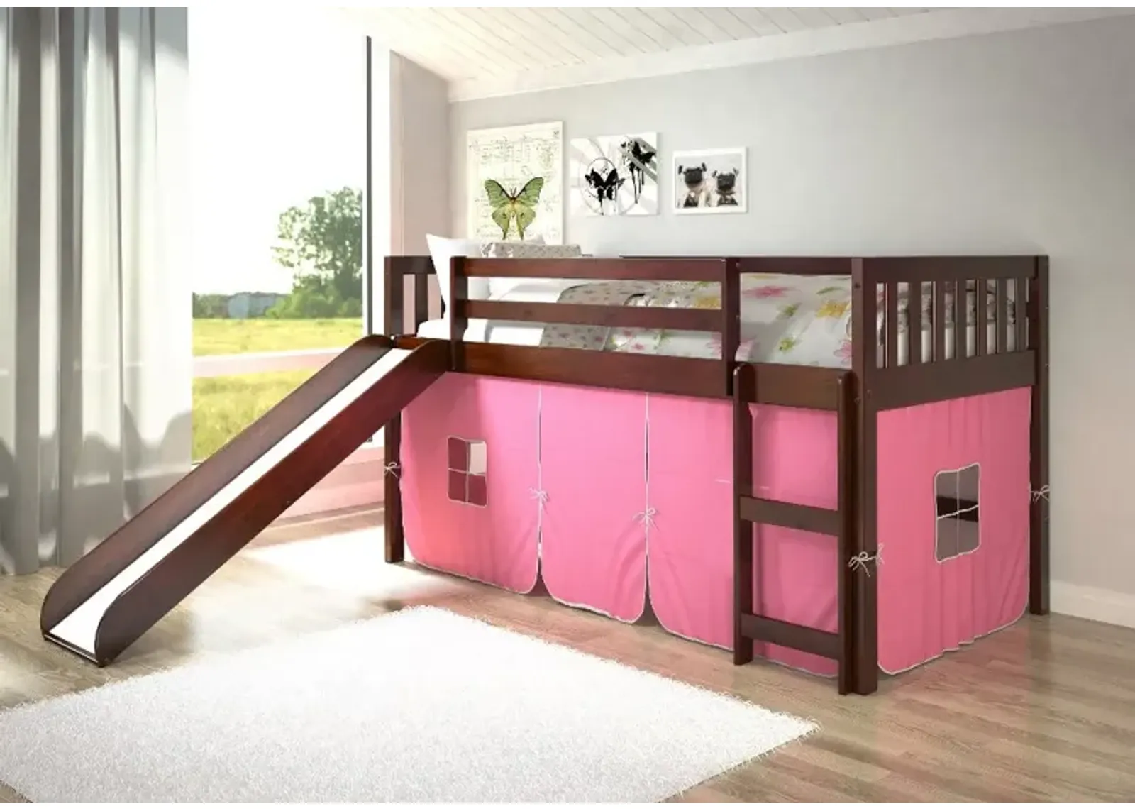 Mission Loft Cappuccino Twin Bed with Pink Tent