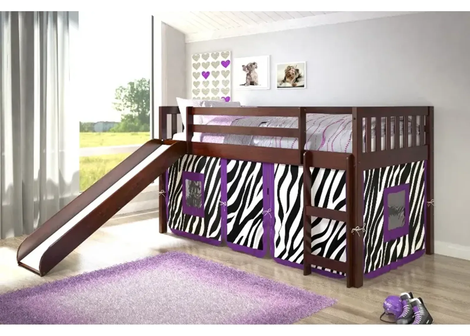 Mission Loft Cappuccino Twin Bed with Purple Zebra Tent