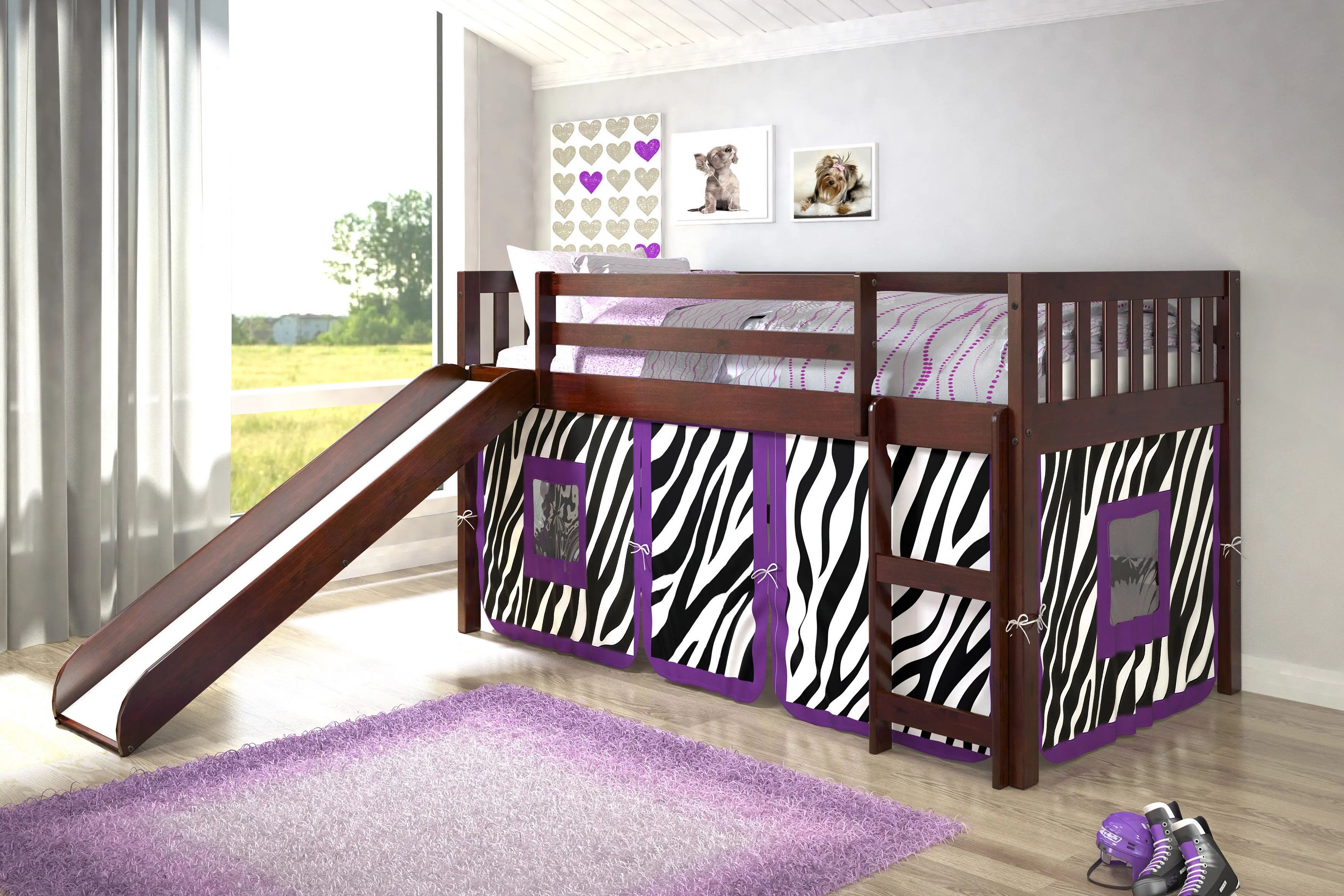 Mission Loft Cappuccino Twin Bed with Purple Zebra Tent