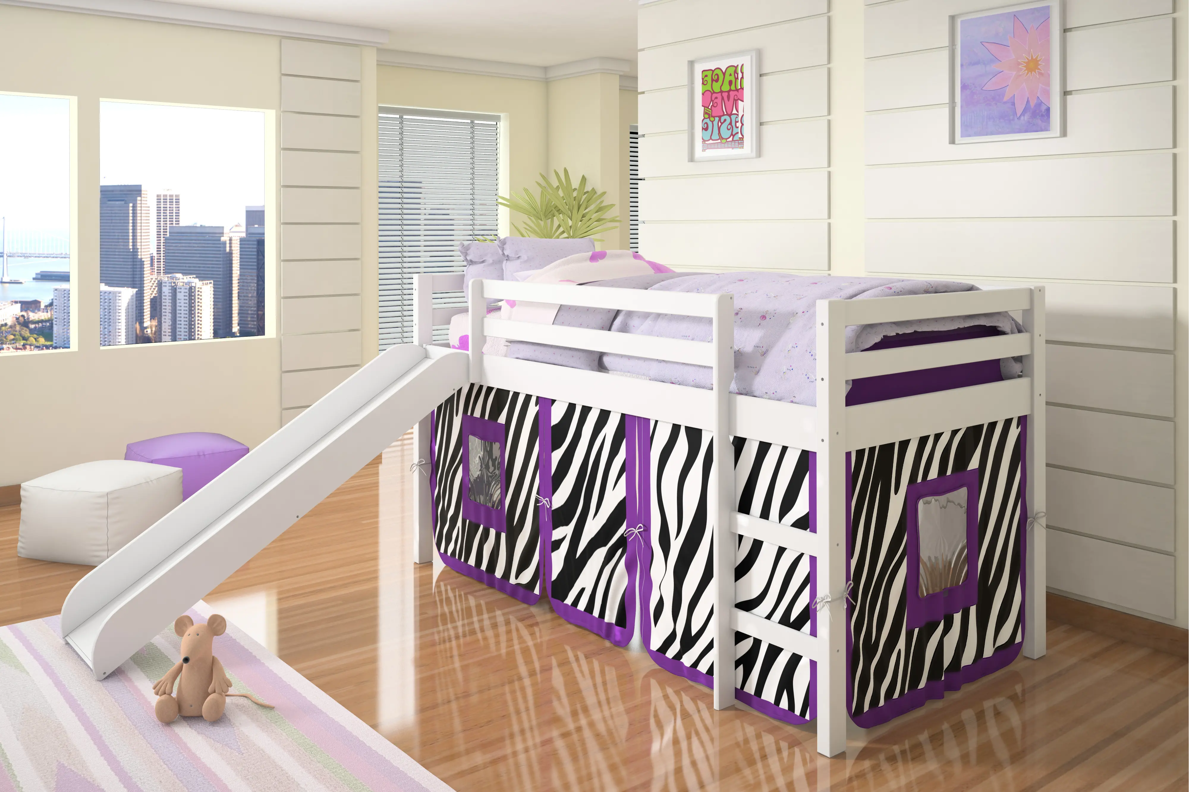 Haven White Twin Bed with Purple Zebra Tent