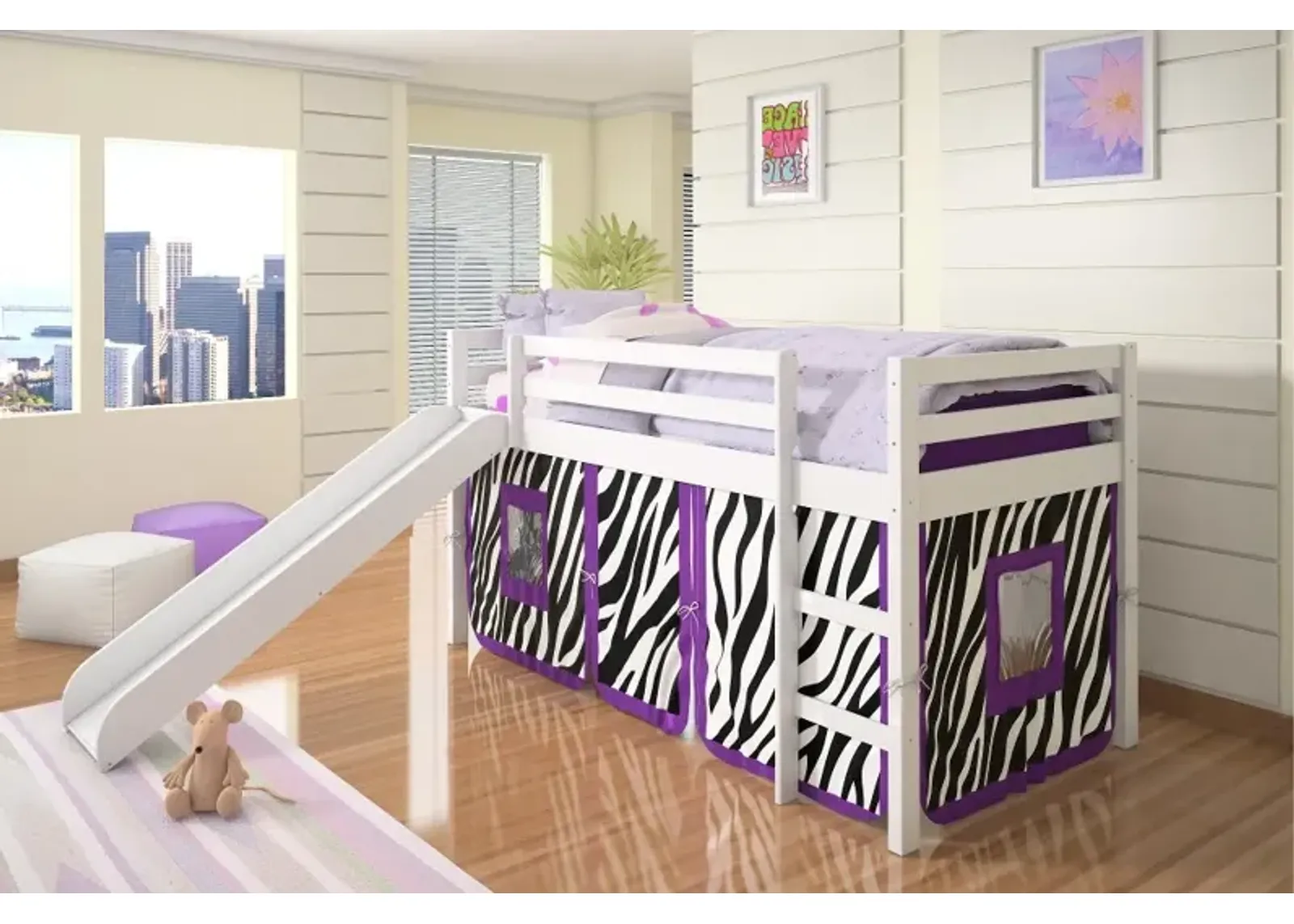 Haven White Twin Bed with Purple Zebra Tent