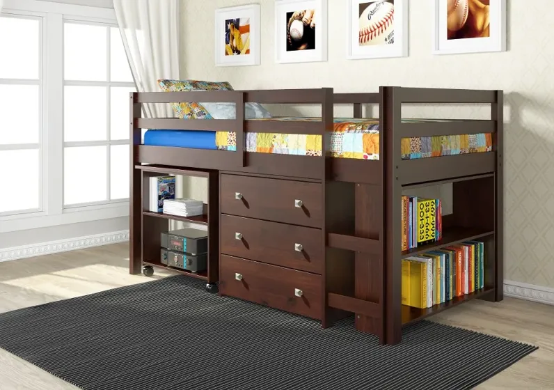 Kaycee Dark Cappuccino Twin Loft Bed with Student Desk