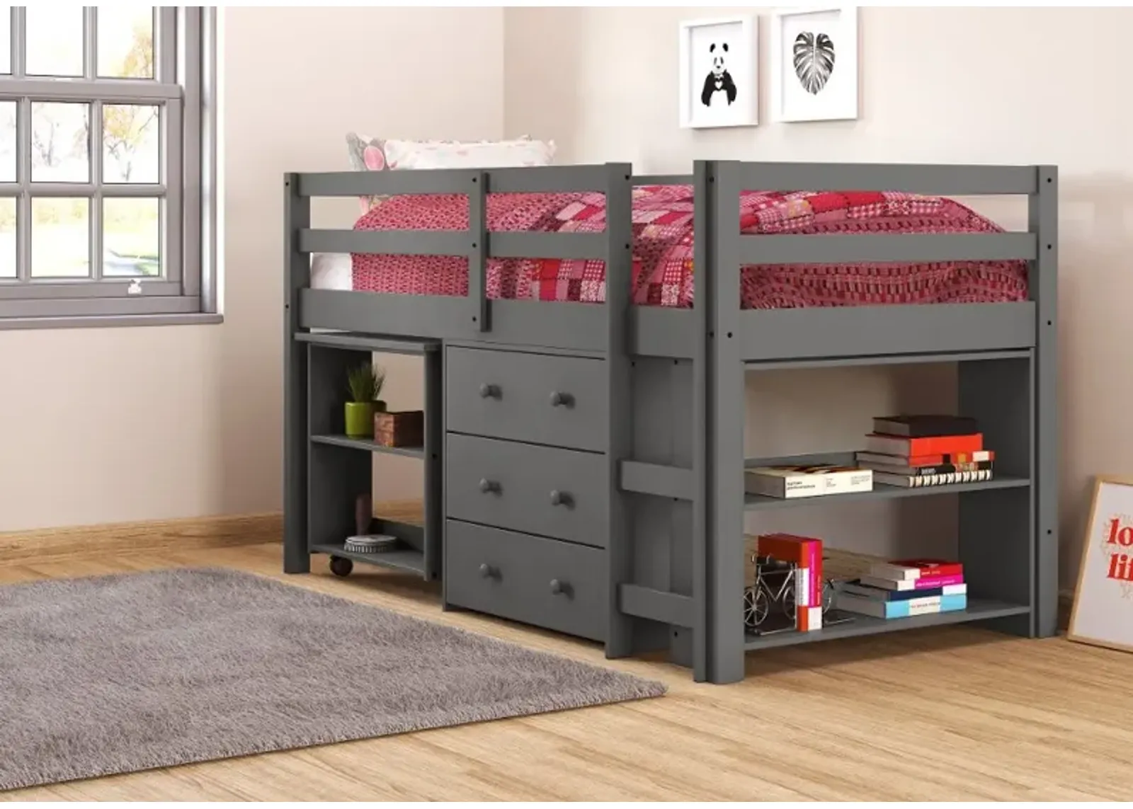 Kaycee Dark Gray Twin Loft Bed with Student Desk