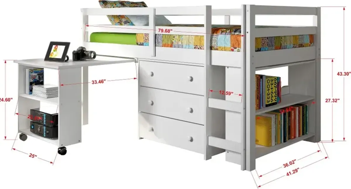 Kaycee White Twin Loft Bed with Student Desk