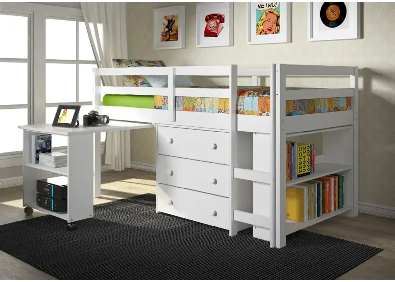 Kaycee White Twin Loft Bed with Student Desk