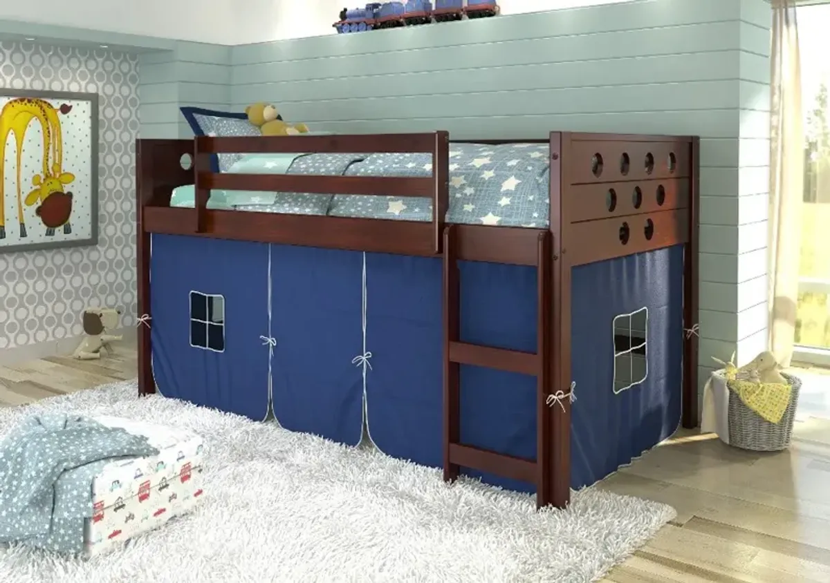 Boston Dark Brown Cappuccino Twin Loft Bed with Blue Tent