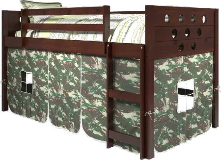 Boston Dark Brown Cappuccino Twin Loft Bed with Camo Tent