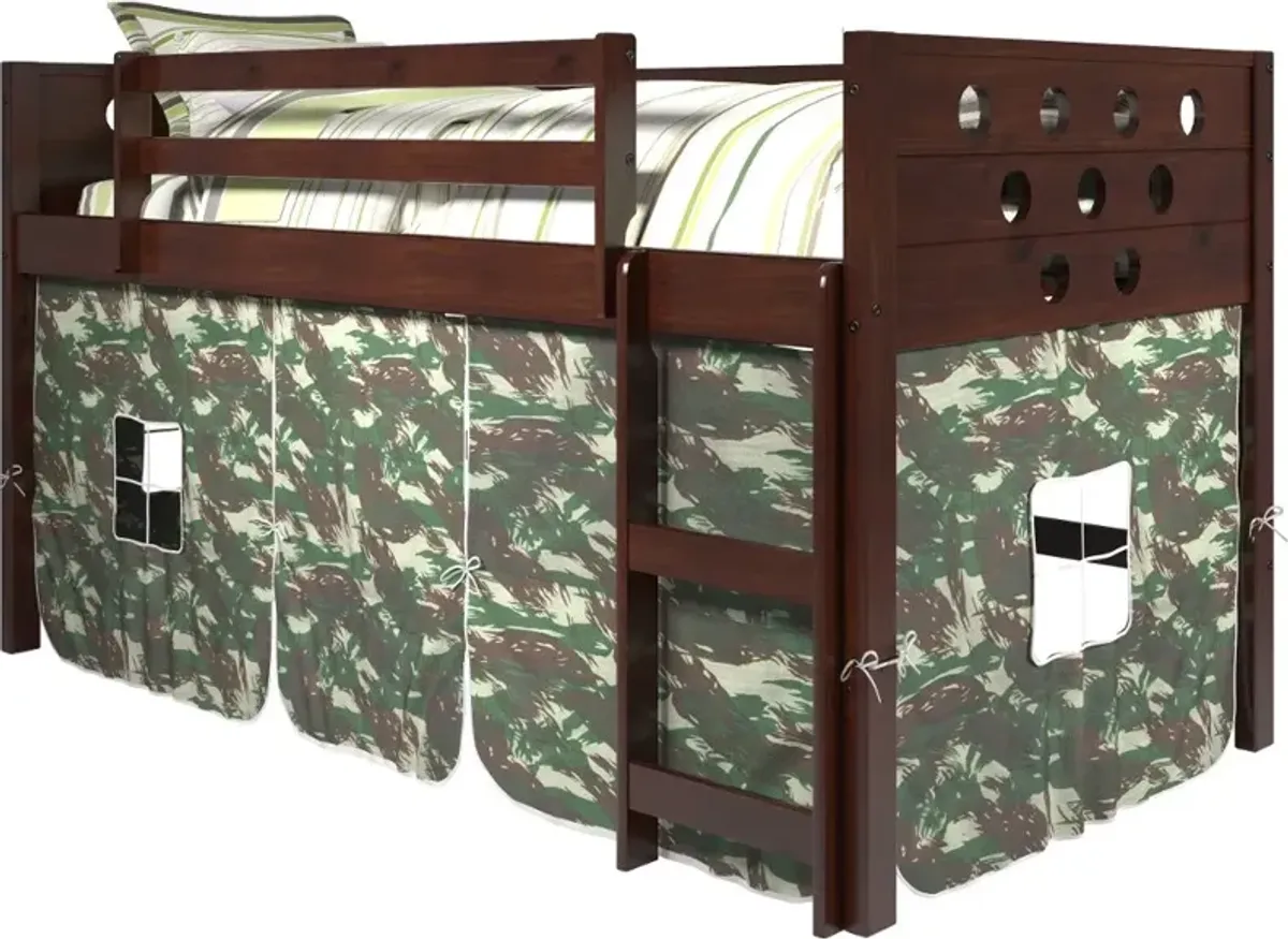 Boston Dark Brown Cappuccino Twin Loft Bed with Camo Tent