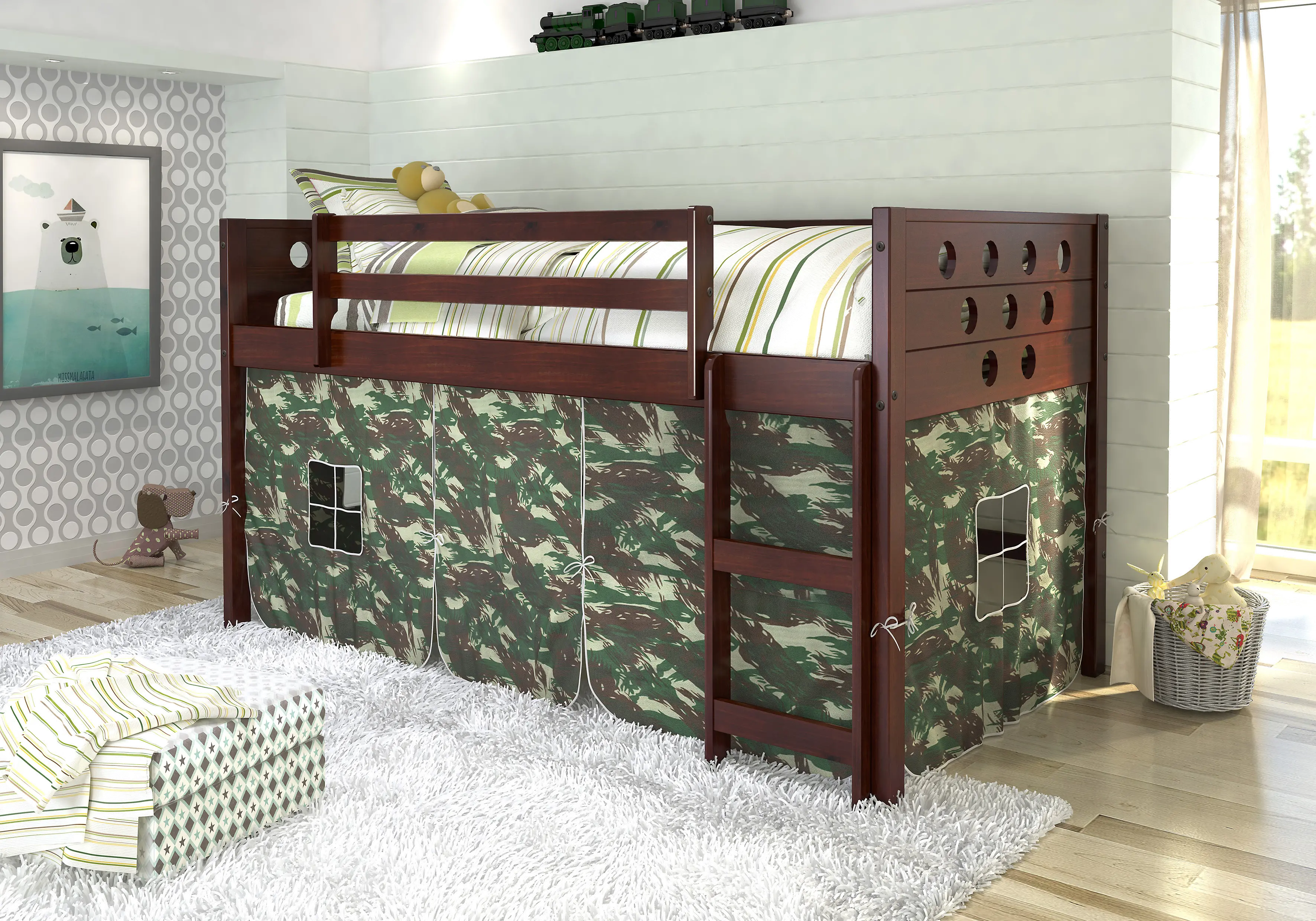 Boston Dark Brown Cappuccino Twin Loft Bed with Camo Tent