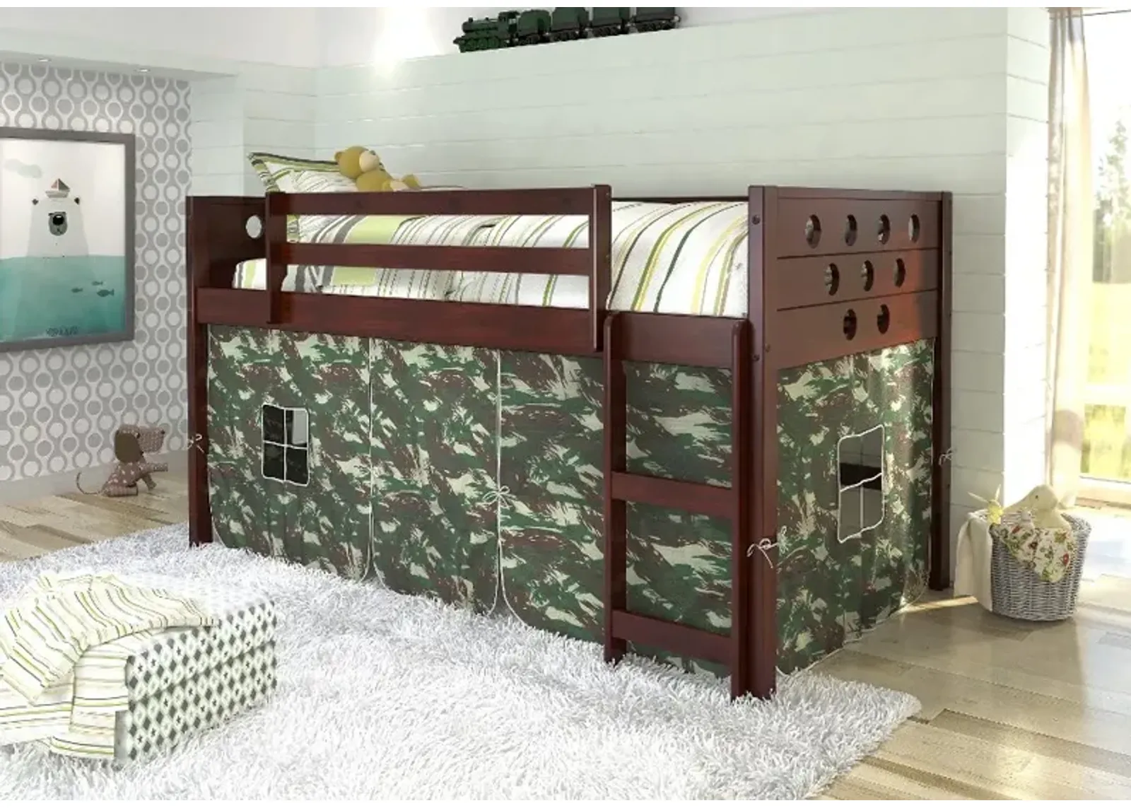 Boston Dark Brown Cappuccino Twin Loft Bed with Camo Tent