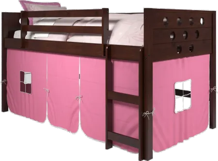 Boston Dark Brown Cappuccino Twin Loft Bed with Pink Tent