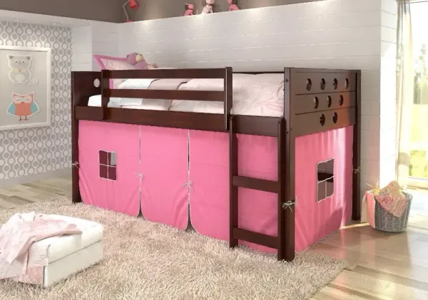 Boston Dark Brown Cappuccino Twin Loft Bed with Pink Tent