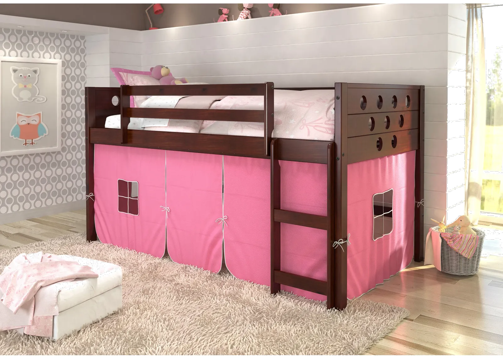 Boston Dark Brown Cappuccino Twin Loft Bed with Pink Tent