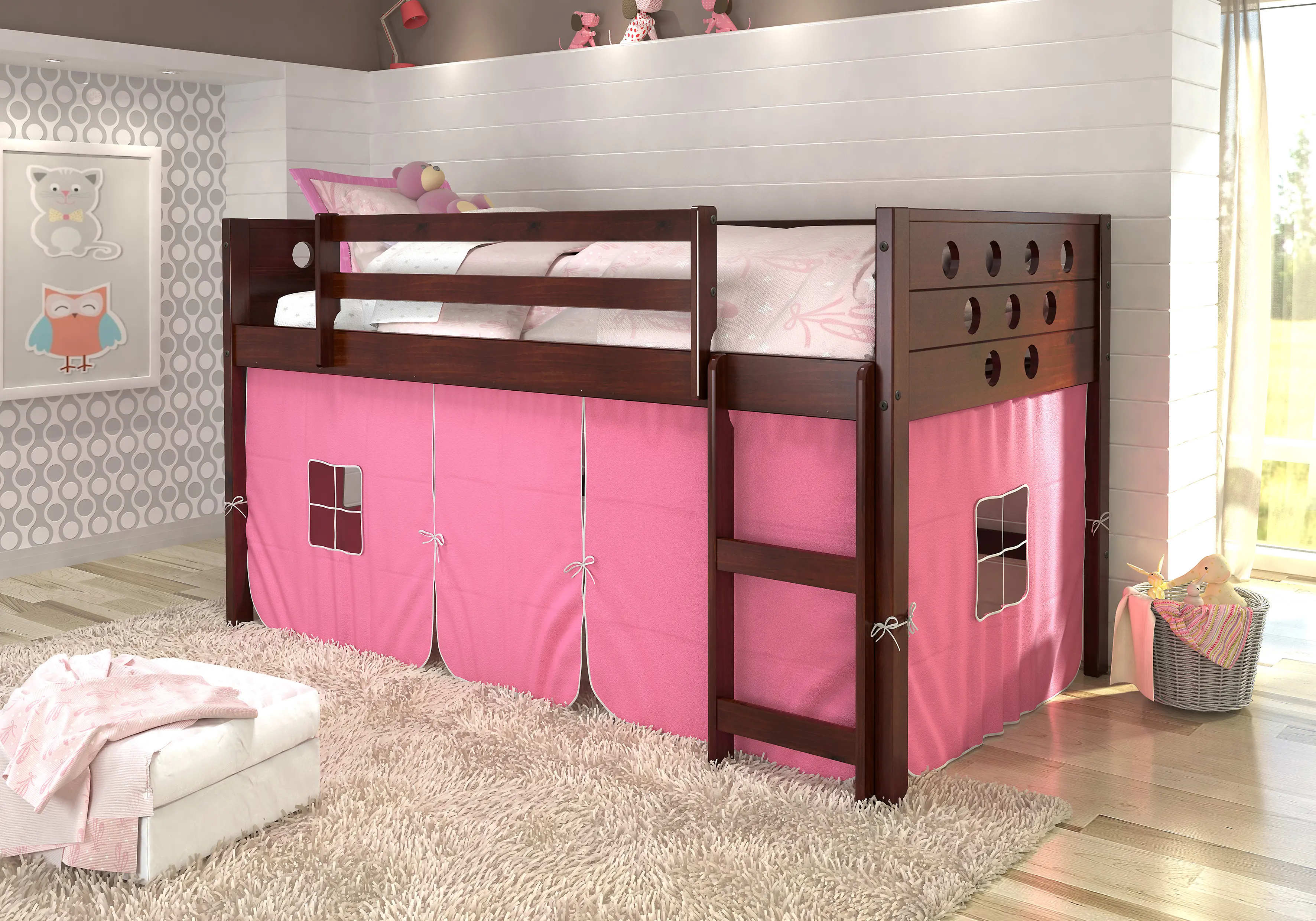 Boston Dark Brown Cappuccino Twin Loft Bed with Pink Tent