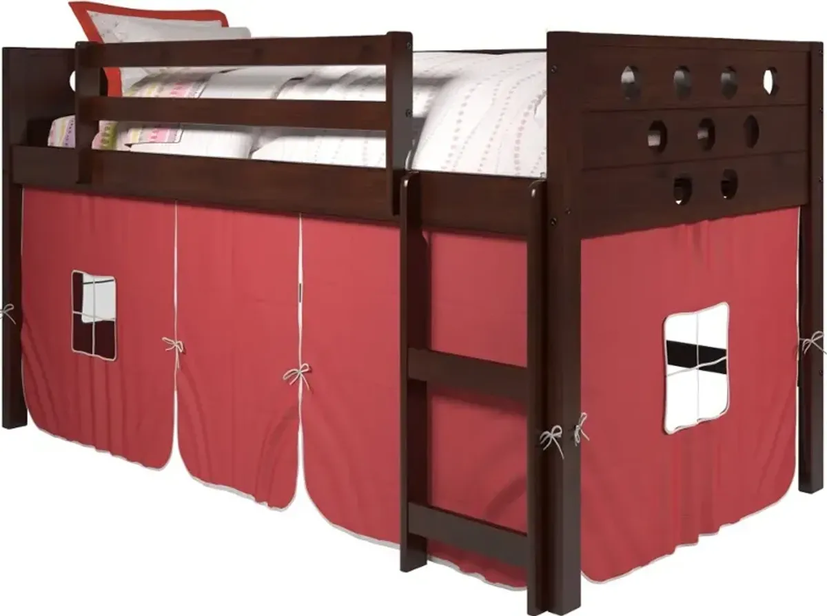 Boston Dark Brown Cappuccino Twin Loft Bed with Red Tent