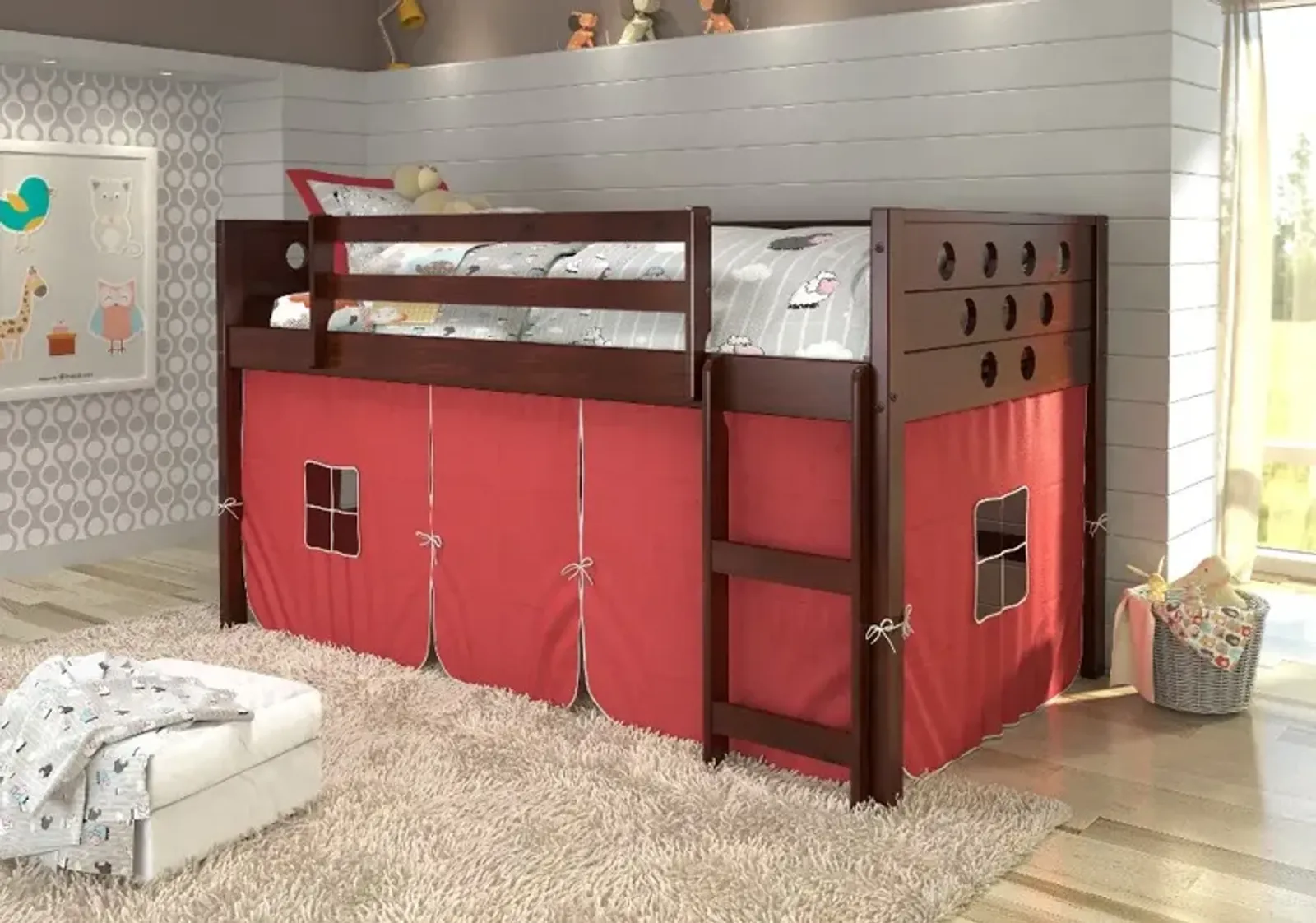 Boston Dark Brown Cappuccino Twin Loft Bed with Red Tent