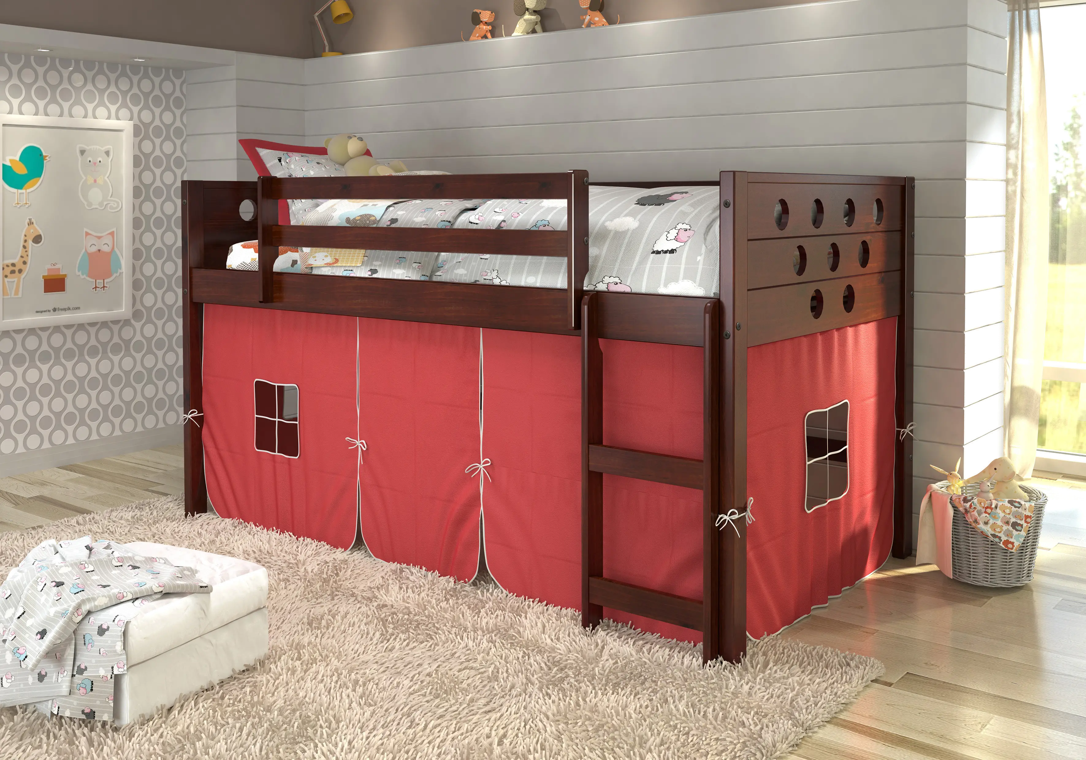 Boston Dark Brown Cappuccino Twin Loft Bed with Red Tent